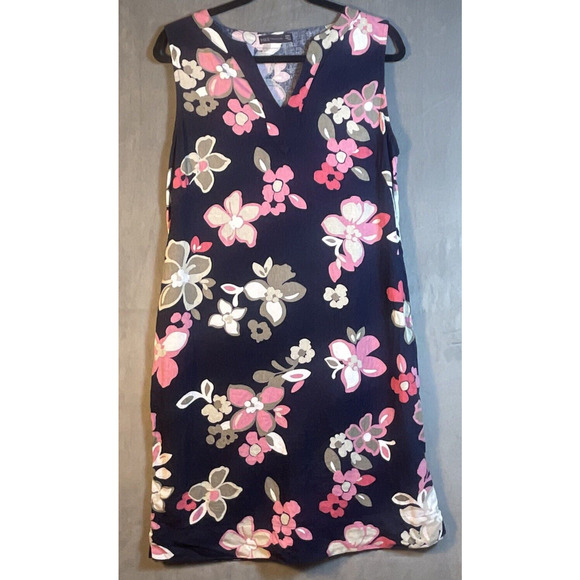 M&S Collection Flax Linen/Viscose Navy Blue Pink Grey Floral Shift Dress Size 12 - Picture 1 of 6